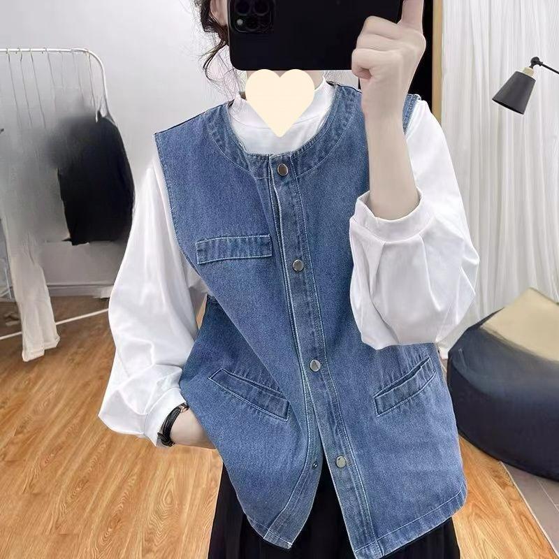 Autumn Round Neck Denim Vest Women's Loose Retro Age-reducing Blouse All-match Waistcoat Sleeveless Jacket