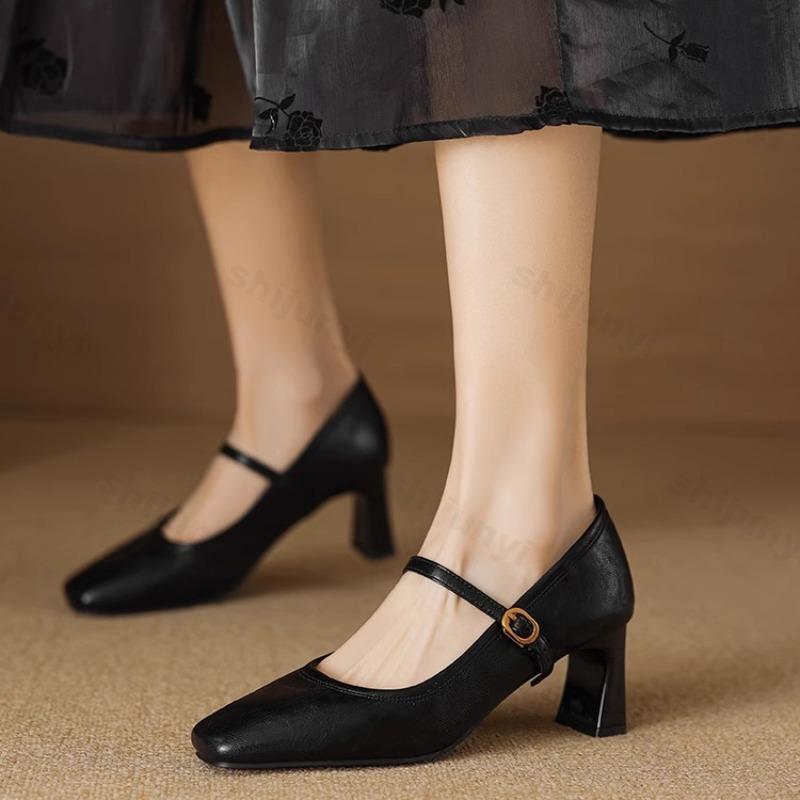 Women High Heels New French Style Retro Buckle Strap Comfortable Soft Square Toe Pumps Daily Simple Versatile Chunky Heel Shoes