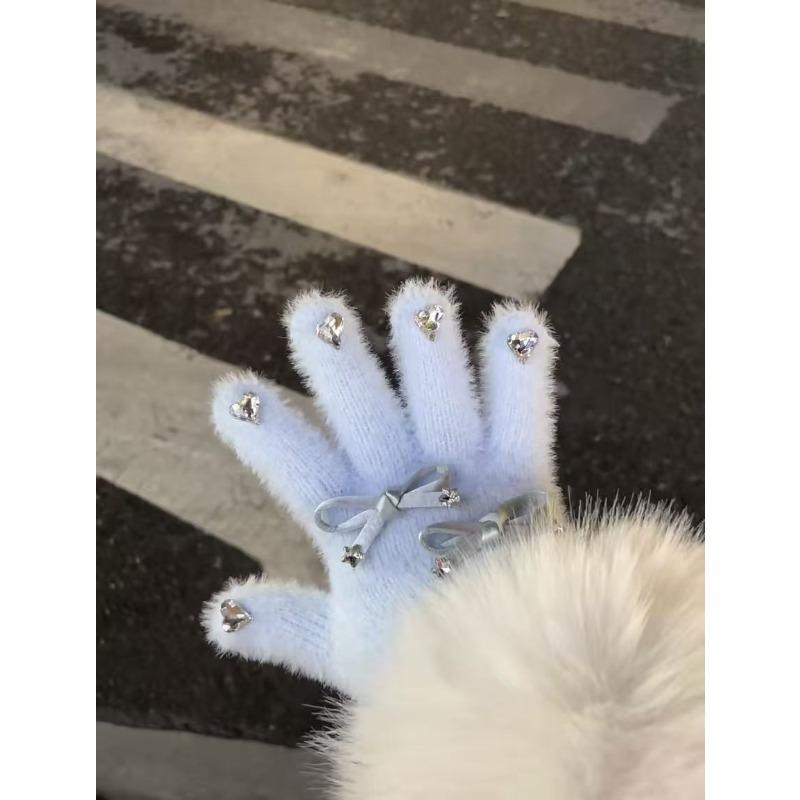 Miffy Rabbit sea salt blue bone girly gloves, cute plush and faux mink, warm split-finger gloves for women