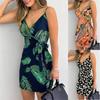 Women Fashion Sexy V-neck Floral Print Lace-up Dress Sling Dress Backless Dress