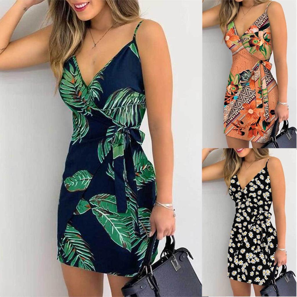 Women Fashion Sexy V-neck Floral Print Lace-up Dress Sling Dress Backless Dress