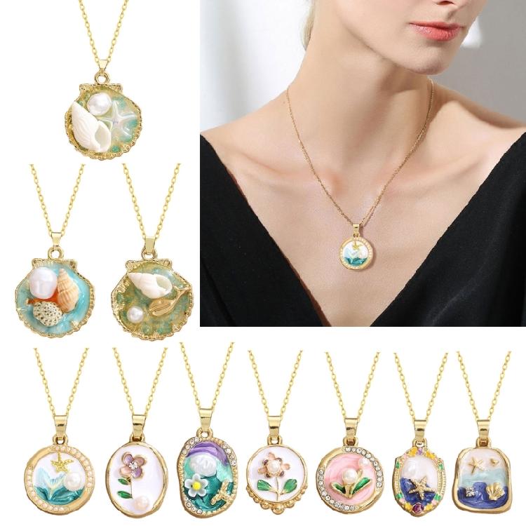 Elegant Oil Painting Bivalve Charm Necklace 10 Multicolored Artistic Designs Thin Metal Mixture Fashion Addition