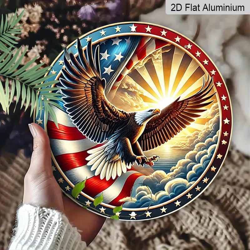 2D Flat 1pc American Flag Aluminum Metal Tin Sign, Freedom Spirit Round Aluminum Sign, Eagle Soaring 7.87X7.87 Round Aluminum Sign - Patriotic Pride