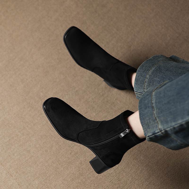 Krazing Pot Flock Round Toe Thick Heels Chelsea Boots Size 42 Zip Women Concise Style Elastic Ankle Boots