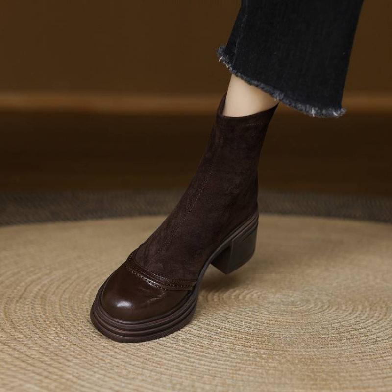 

Autumn and winter high-heeled leather boots round head versatile rubber thick-soled square-heeled mid-tube boots rear zipper new leather velvet women 40