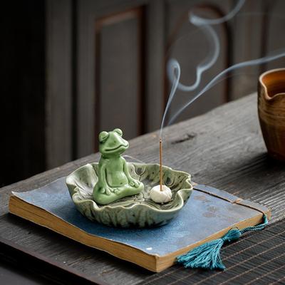 Yousheng Meditation Frog Incense Stick Holder Ceramics Lotus Leaf Sitting Frog Incense Burner Home Office Desktop Decoration Ornament
