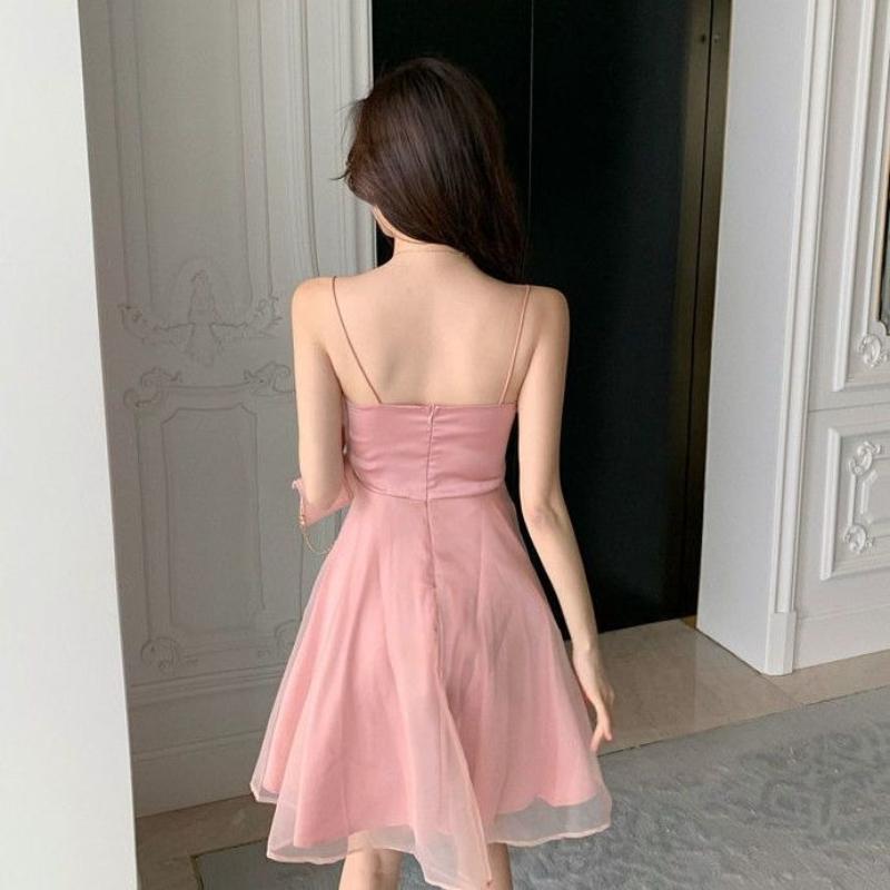 Sweet and Super Fairy Mesh Dress Women's Sleeveless Ruffle Mesh Camisole Dress High Waist A Line Short Mini Skirt Suitable for Parties Vacations