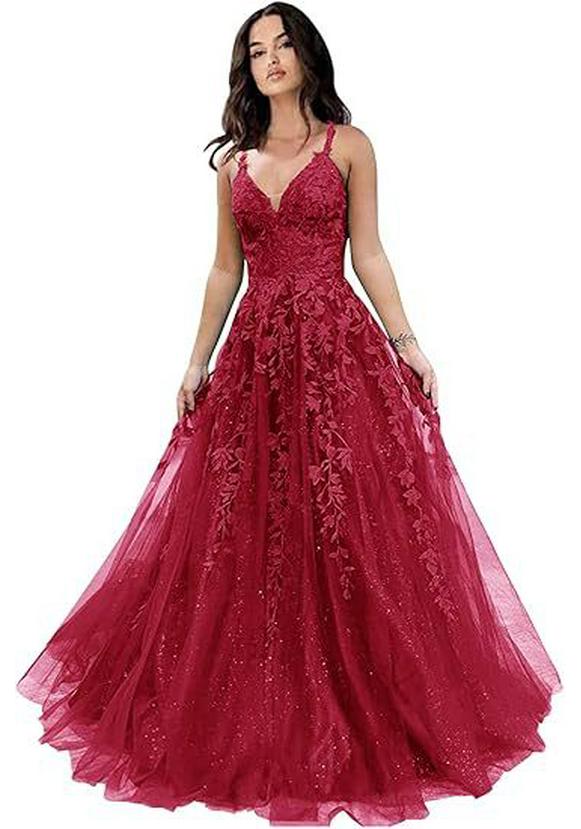 Elegante Abito da Sera in Rete Ricamata con Paillettes e Scollo a V Profondo