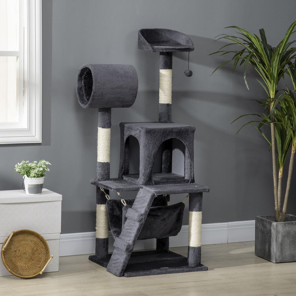 Cat Tree with Cat Scratching Post, Cat House, Hammock, Bed, Tunnel and Ball, 48x48x125 cm, Dark Grey
