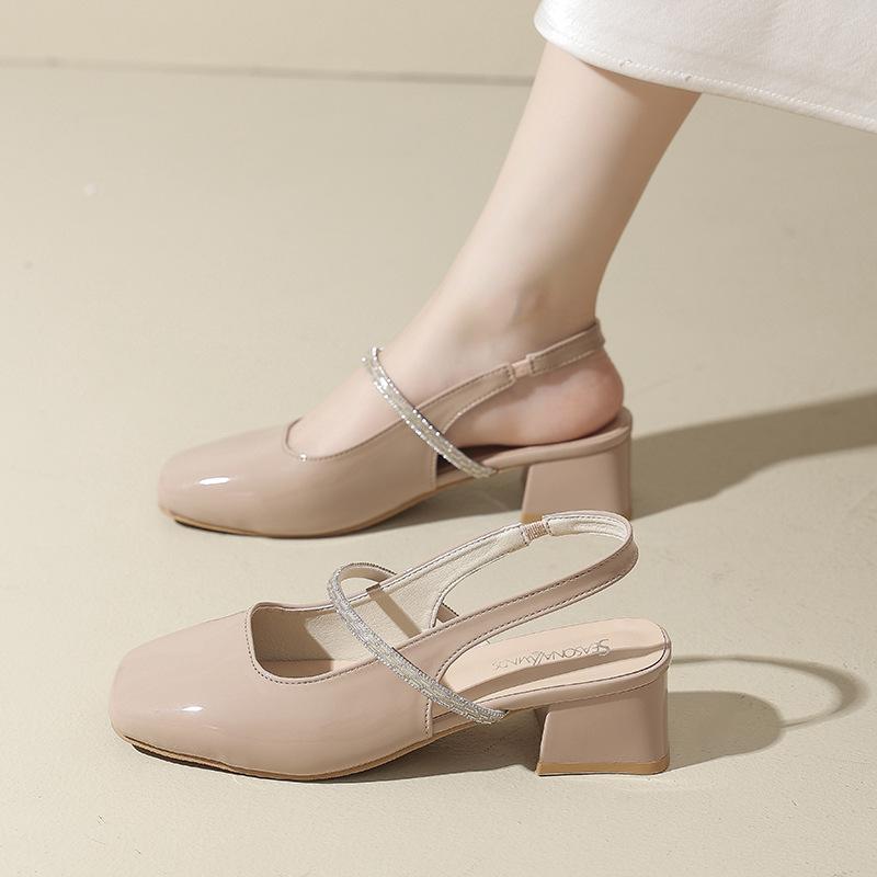 One word with bag head sandals women's thick heel summer 2025 new middle heel square head empty single shoes versatile high heels