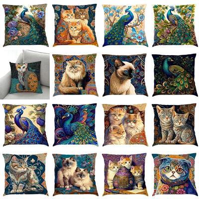 Nordic Style Peacock Cat Puppy Oil Painting Print Pillowcase 45x45 Cm Living Room Sofa Cushion Cover Bedroom Home Decoration