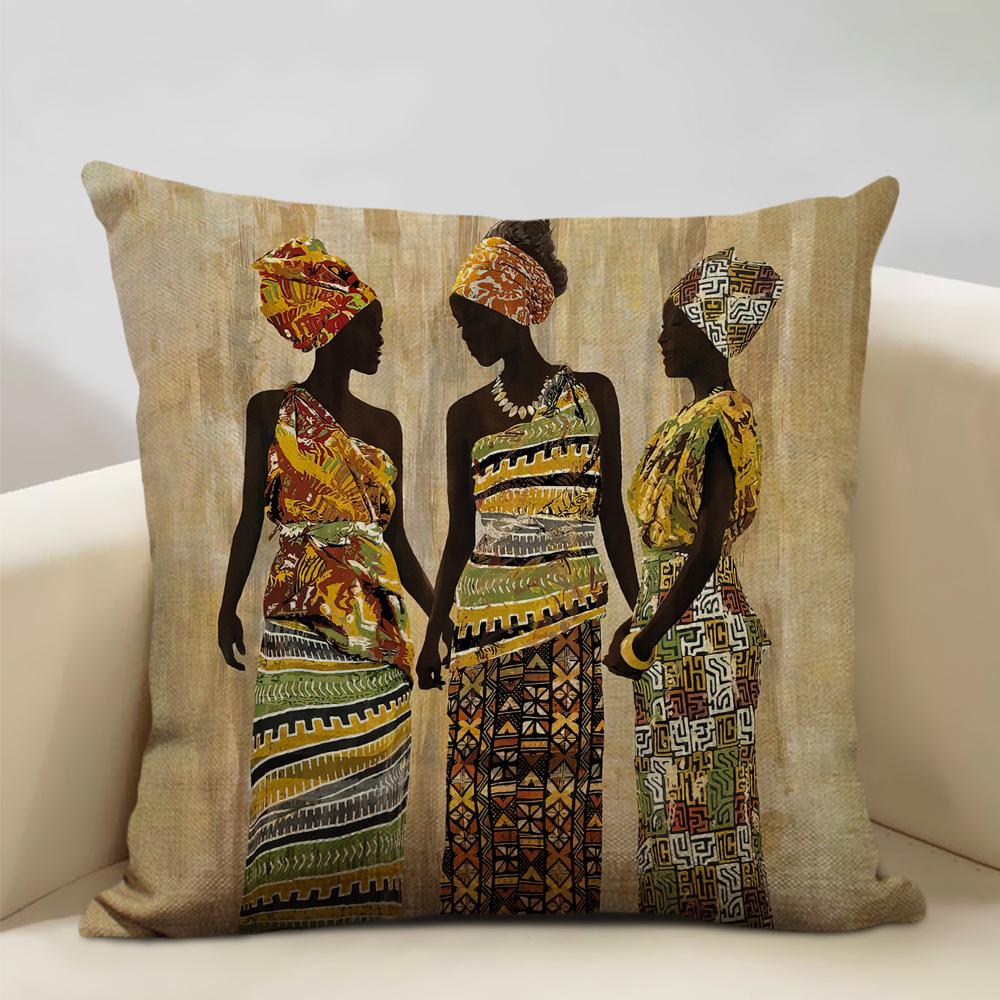 Portrait Oil Painting Cushion Cover African National Style Living Room Sofa Art Decoration Pillow Bedding 45x45cm Cover Pillows