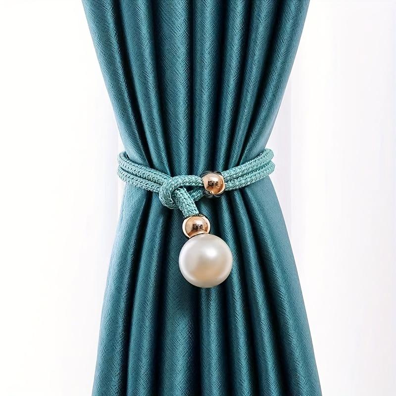 2 Stück Deluxe Französische Raffhalter mit glänzenden Kunstperlen-Akzenten - Elegantes Polyester, kein Bohren, verstellbare Kordel für exquisite Heimdekoration