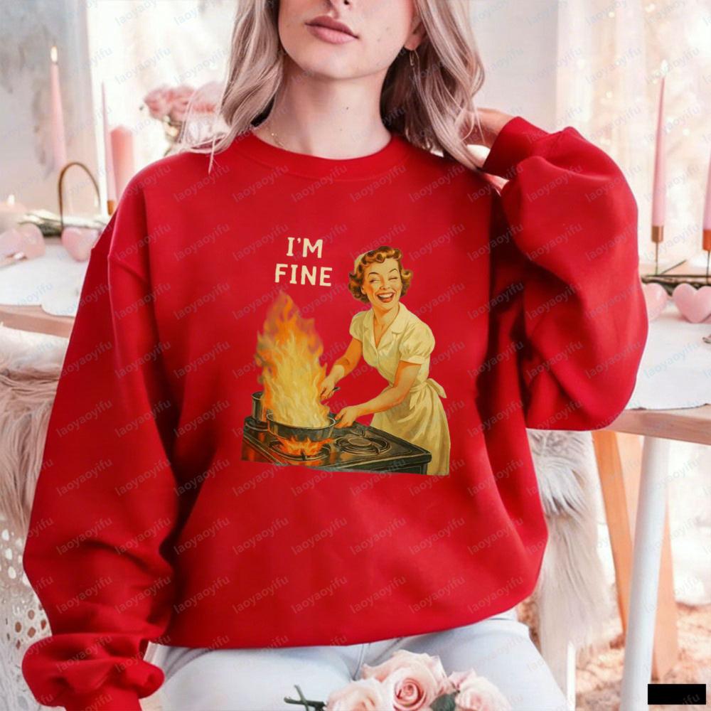 I’m Fine Retro Funny Housewife Graphic Sarcastic for Women USA Autumn and Winter Sweatshirt Long Sleeve Casual Thermal Hoodie