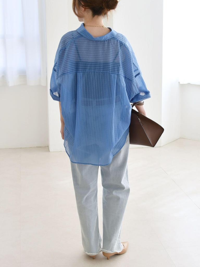 Hand Washable Sheer Striped Border Big Shirt 611110027 Blue One Size [Caranciel]