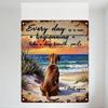 Rustic Wooden-Style Metal Tin Sign, Brown Vizsla Dog On Sandy Beach Sunset, Inspirational Quote “Every Day Is a New Beginning” W