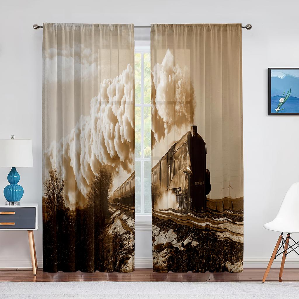 Vintage Industriell Ångmaskin Järnväg Tyllgardiner för Vardagsrum Sovrum Inredning Chiffong Skir Voile Kök Fönstergardin