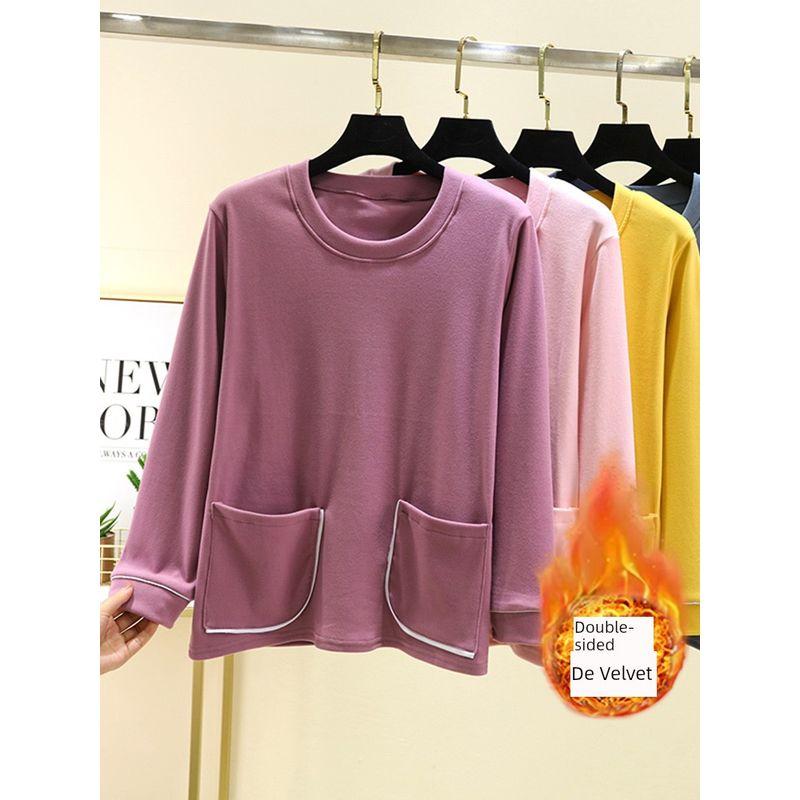 round Neck Dralon Warm Long Sleeve T-shirt Winter Thickened Casual Bottoming Shirt Double-Sided Brushed Plus Size Homewear Tops