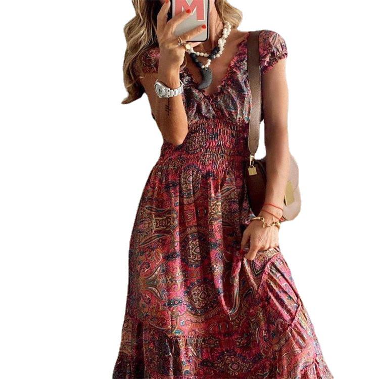 Maxi robe Bohème Rétro Florale 2022 avec Ceinture Définissant la Taille et Évasée