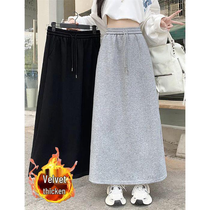 Women s Gray Sporty High-Waist A-Line Velvet Skirt with Drape and Split XL
