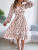 Elegant Floral Square Neck Long Sleeve Waisted Ruffled A Line Midi Dress For Women