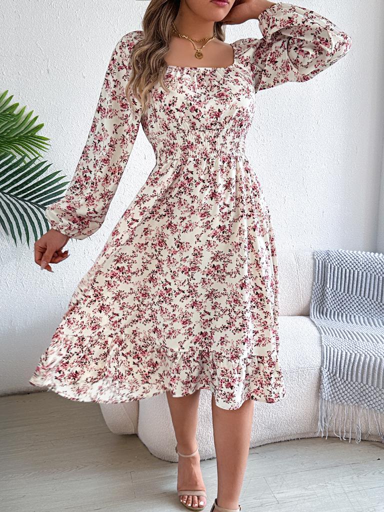 Elegant Floral Square Neck Long Sleeve Waisted Ruffled A Line Midi Dress For Women