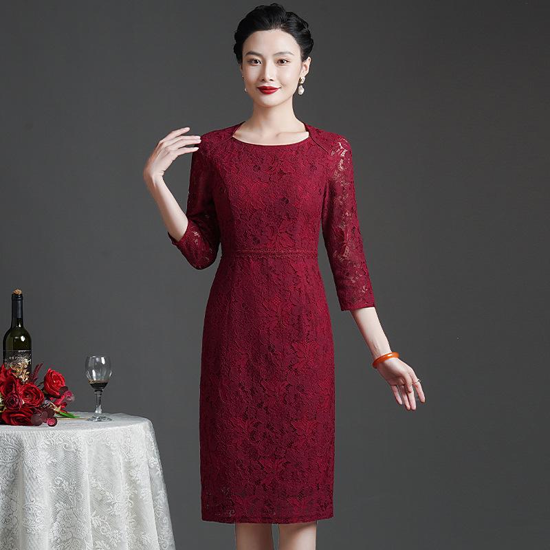 Summer 2023 Wine Red Lace Dress with Seven-Sleeve for Elegant Young Mothers