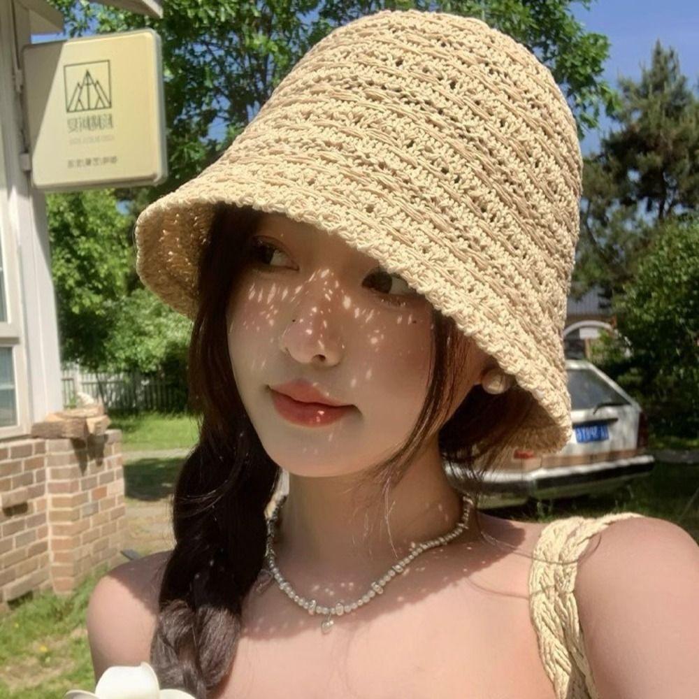 Summer Straw Bucket Hat Hollow Beach Visor Cap Fashion Straw Sun Hat  Travel