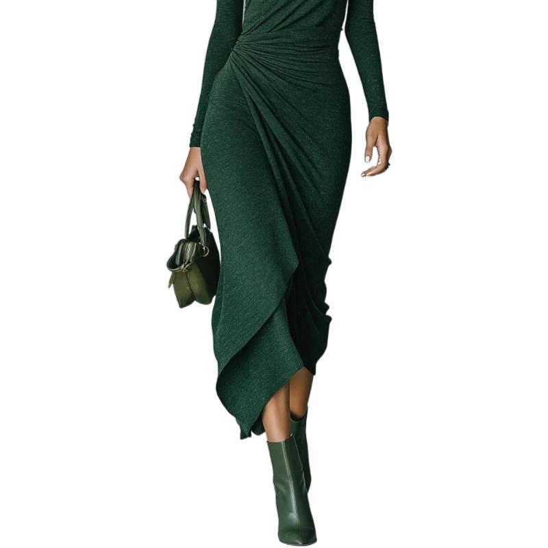 Elegant High-Collar Waist-Cinching Irregular Wrap Dress for Women - Autumn/Winter Collection