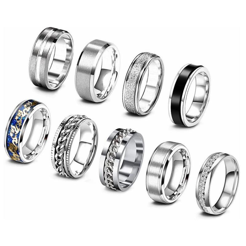9-Piece Rotating Chain Ring Set Stainless Steel Stress Relief Jewelry Men Women