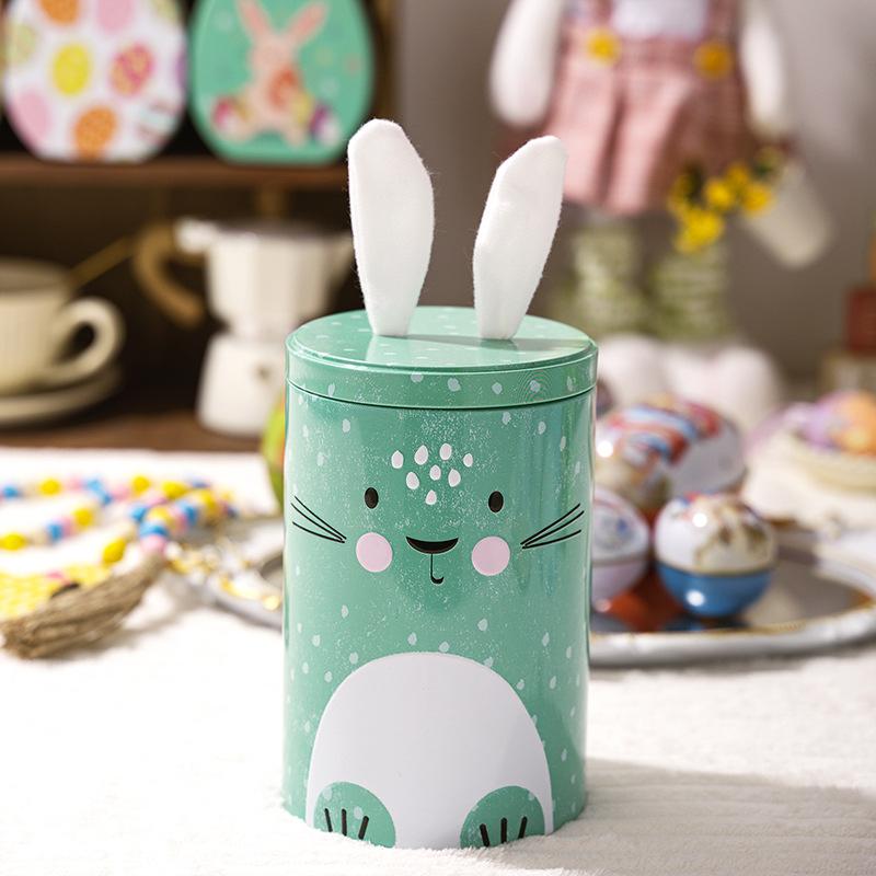 Creative Easter Cartoon Round Small Tin Can Thickened Tinplate Storage Can Easter Bunny Candy Box 10.5*16cm