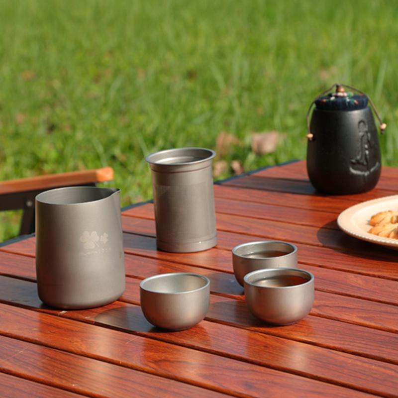 Titanium Alloy Portable Travel Tea Set Teapot Double Layer Teacup Tea Set Suitable for Backpacking Hiking Travel Picnic