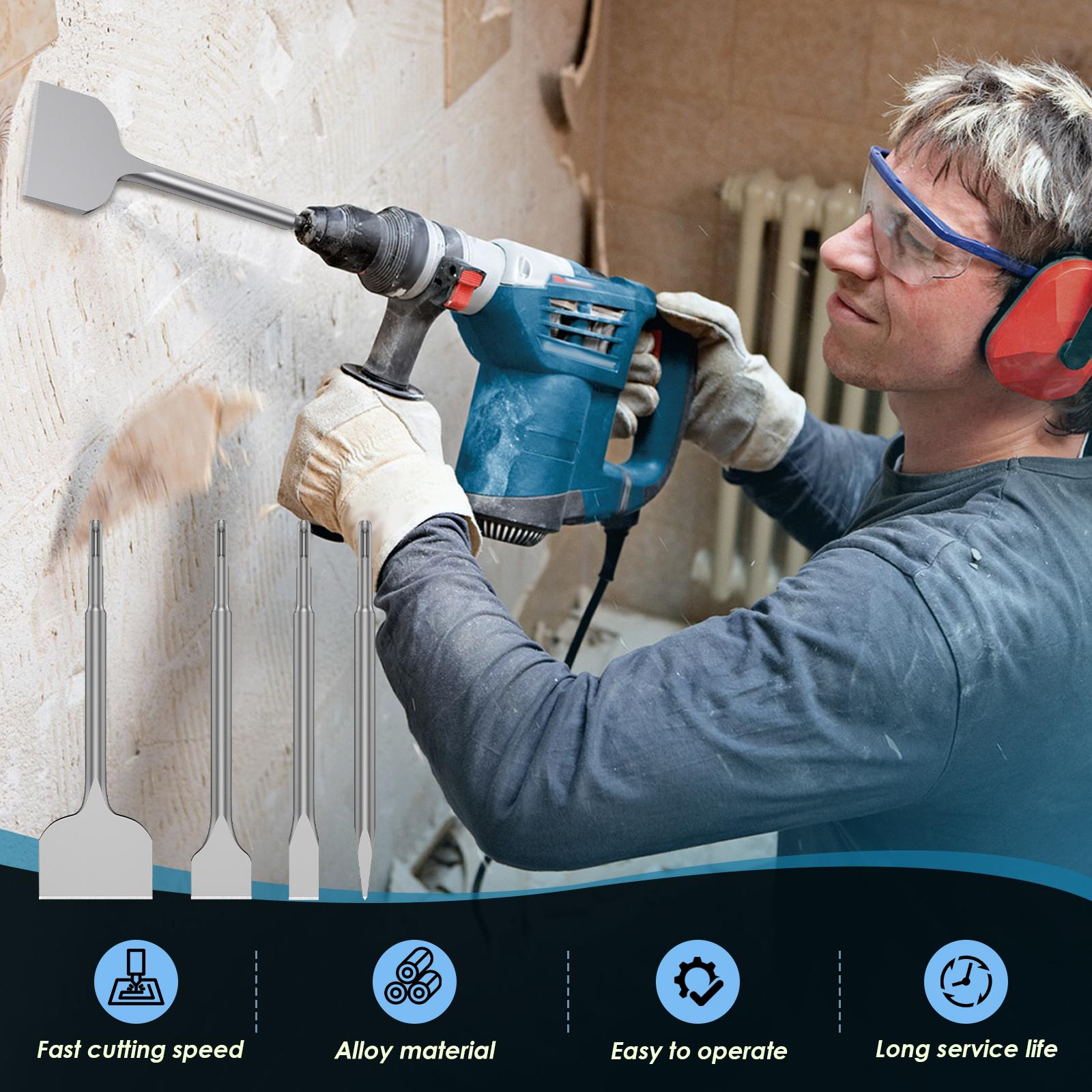 

4Pcs SDS PLUS Shank Point Flat Wide Flat Electric Hammer Chisel Bit for Wall Concrete Impact Drill Elbow Widening Drill Bit silver