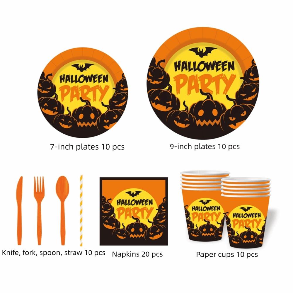Pumpkin Pattern Disposable Plate Cup Set Decorative Disposable Utensils Set Home