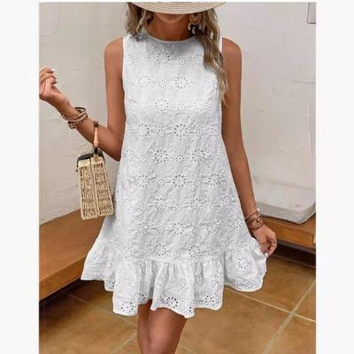 Women's Summer White Embroidered Crew Neck Tank Top Dress