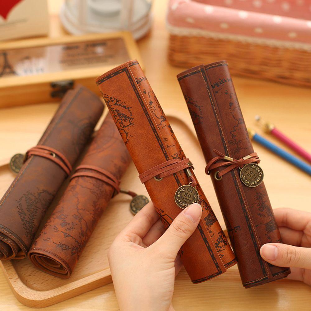 Treasure Map Roll Case Bag Purse Pouch Cosmetic Make Up PU Bag Leather Pen Pencil Case for School