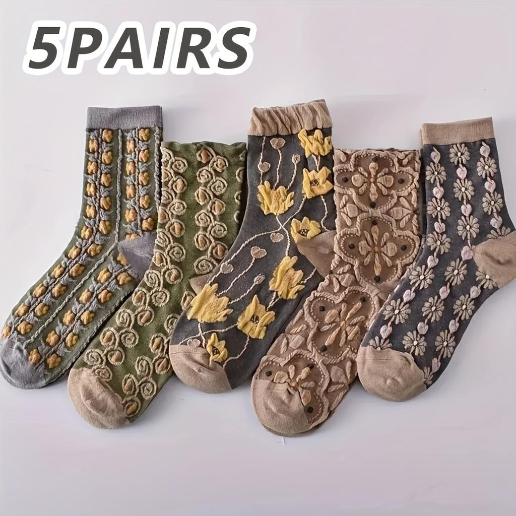 5 Pairs Women's 3D Floral Texture Socks, Elegant Mid-Calf Retro Court Style Full Set