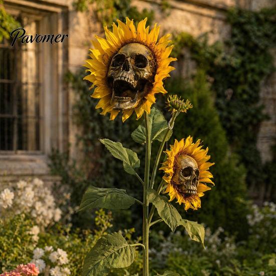 Halloween Lawn Decoration Sunflower Skull Ornament, Theme Garden Decor, Potted Outdoor Spooky Planter Plant Waterproof Decoration, for Patio