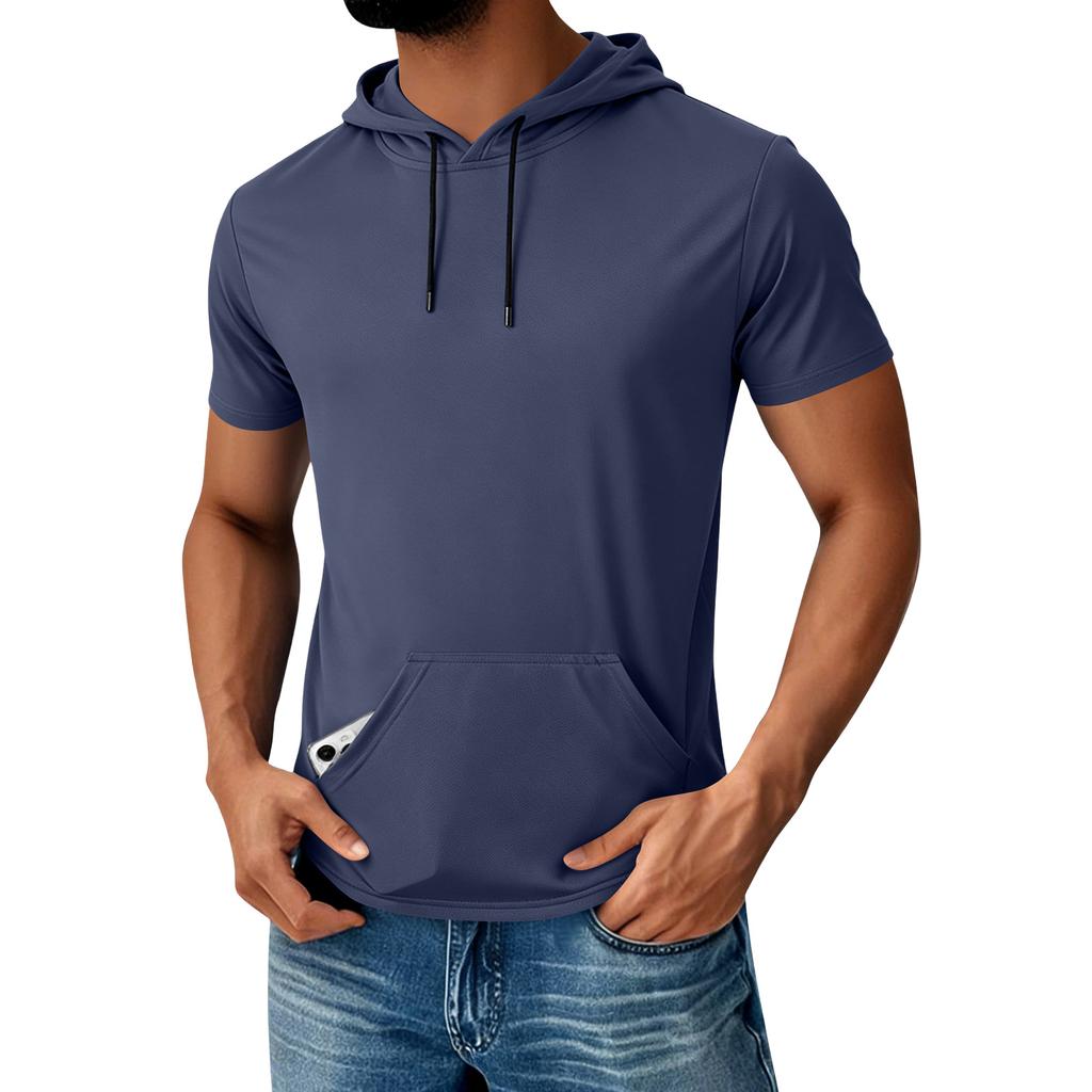 Men's Hooded Pocket Top Men's Casual Sports Quick Drying Short Sleeved Top