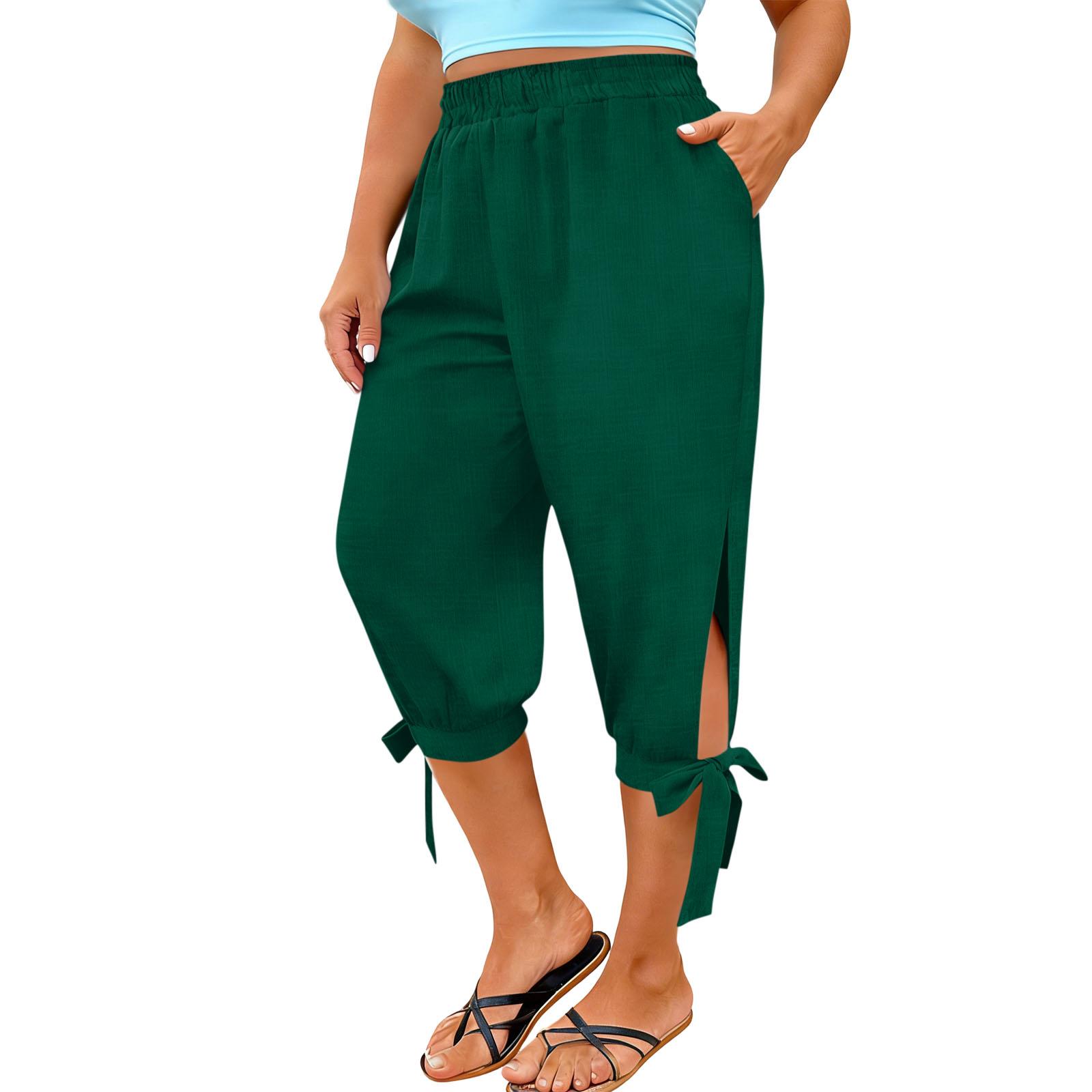 

Women s Fashionable Loose-fitting Split-hem Cropped Casual Pants XXL зелений