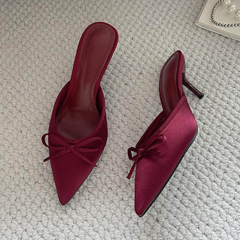 Fashion Big Size 43 Fashion Butterfly-Knot Ladies Heels Slippers Female Pointed Toe Slides Women Heeled Slippers Sandals Shoes Mules