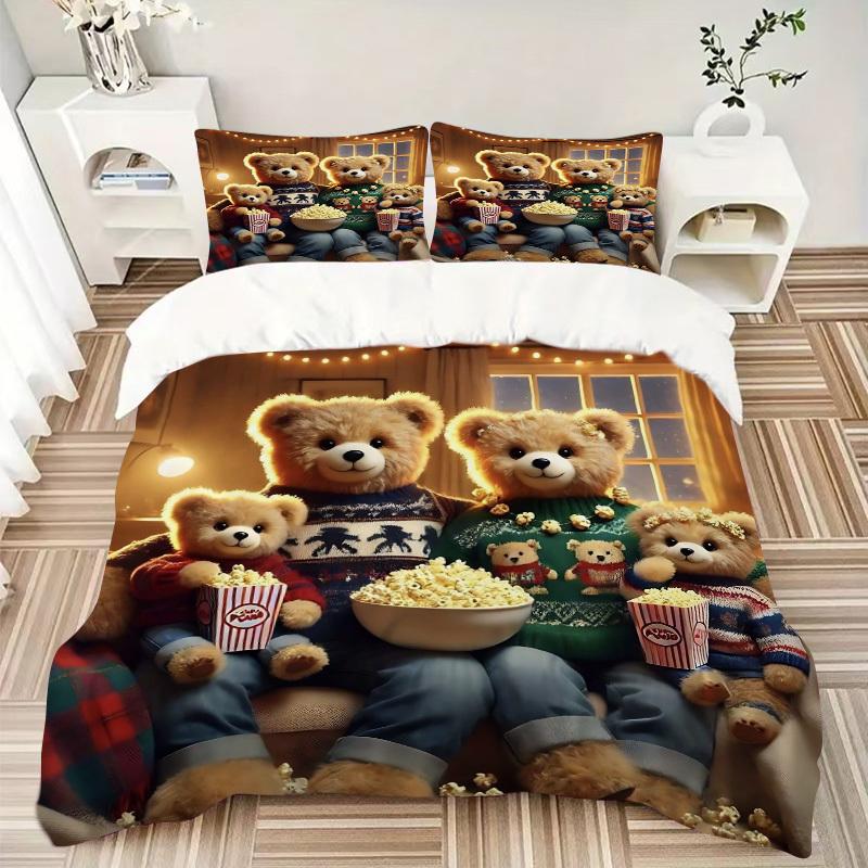 3pcs Christmas Teddy Bear Family Bedding Set - Includes One Quilt Cover and Two Pillowcases (No Core) - Festive Gift for Bedroom Decor - Pol