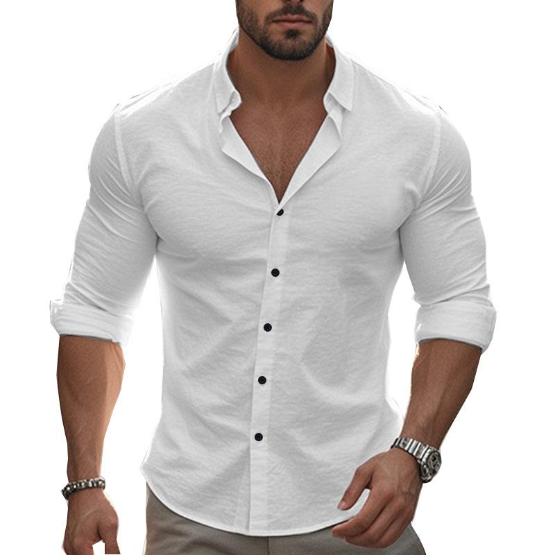 New Casual Solid-Colour Long-Sleeved Shirt Cotton Collared Button-Down Long-Sleeved Beach Shirt Top for Men