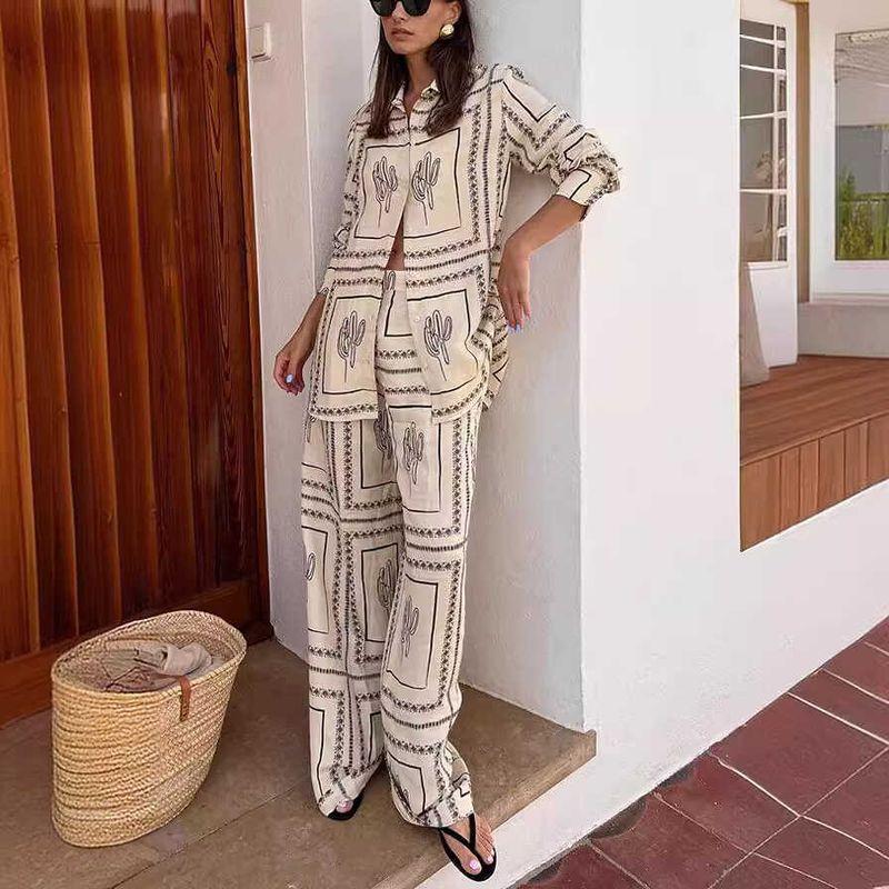 Home Suit Set Women European and American Print Long Sleeve Shirts + Trousers Two-piece Suit Home Wear Casual