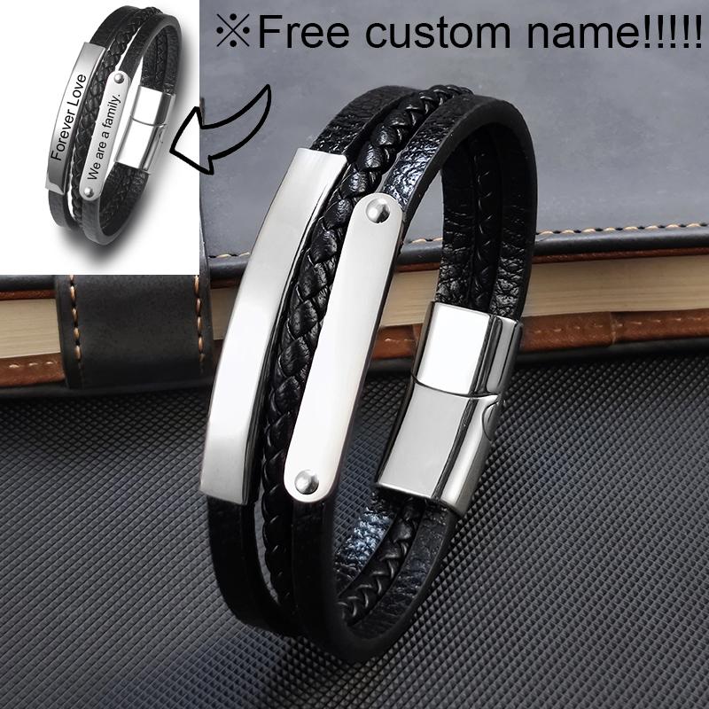 Custom Family Name Bracelet Stainless Steel Charms Bangle Braided Personalized Genuine Leather Men Bracelets Father's Day gifts