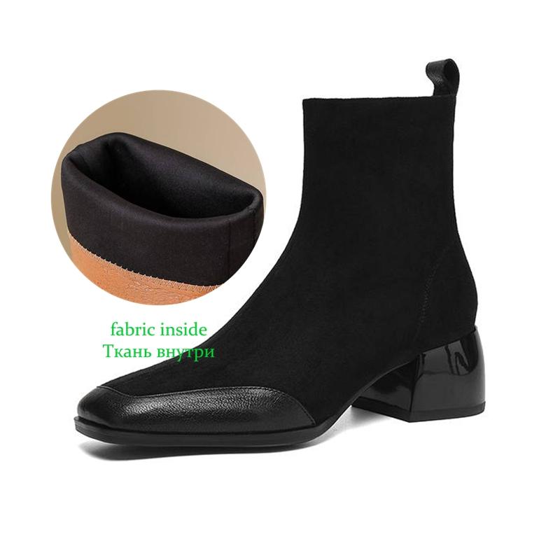 Krazing Pot Sheepskin Flock Winter Square Toe Chunky Heels Chelsea Fashion Boots Women Zip Patch Work Women Ankle Boots