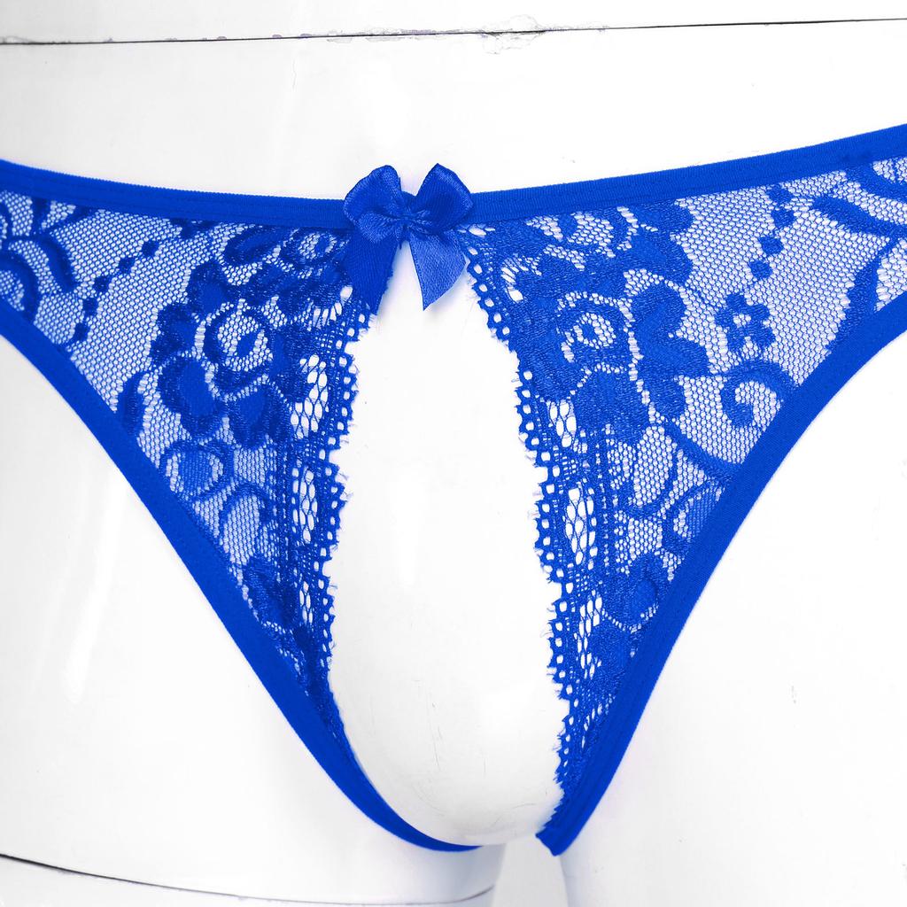 Male Sexy Lingerie Men Floral Lace Crotchless T-back Briefs Hollow Out Thong Briefs Nightwear Sleepwear