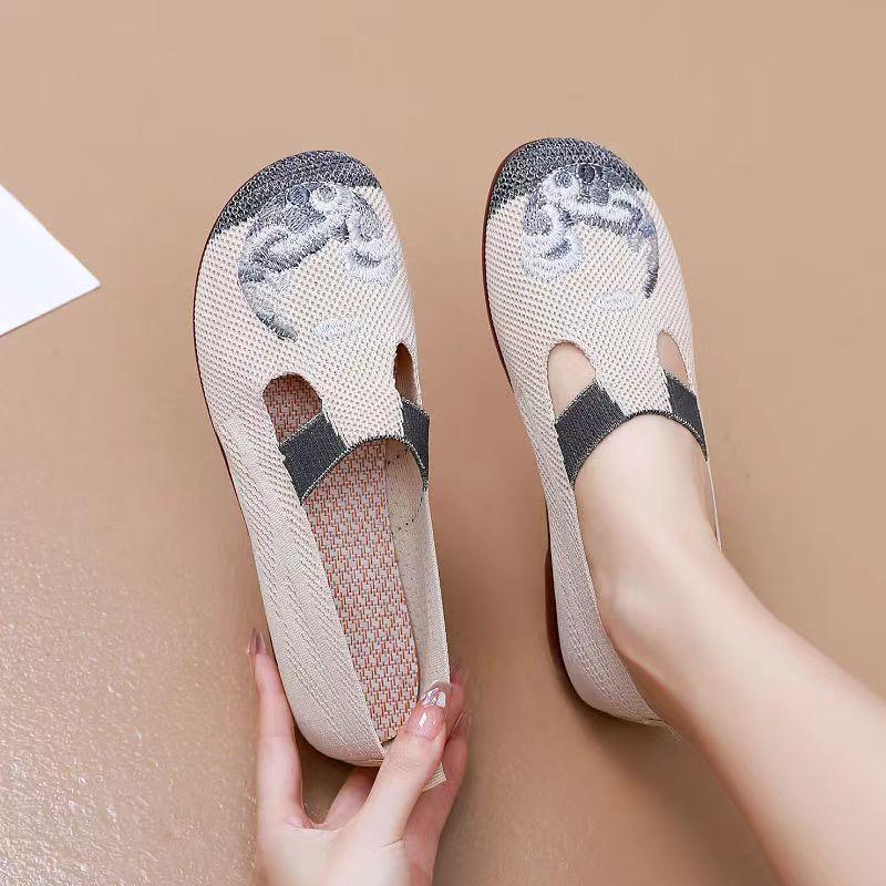 Neue Stoffschuhe rutschfeste weiche Sohle mittelalte und ältere flache Einzel-Schuhe lässig und bequem bestickte Mesh-Schuhe