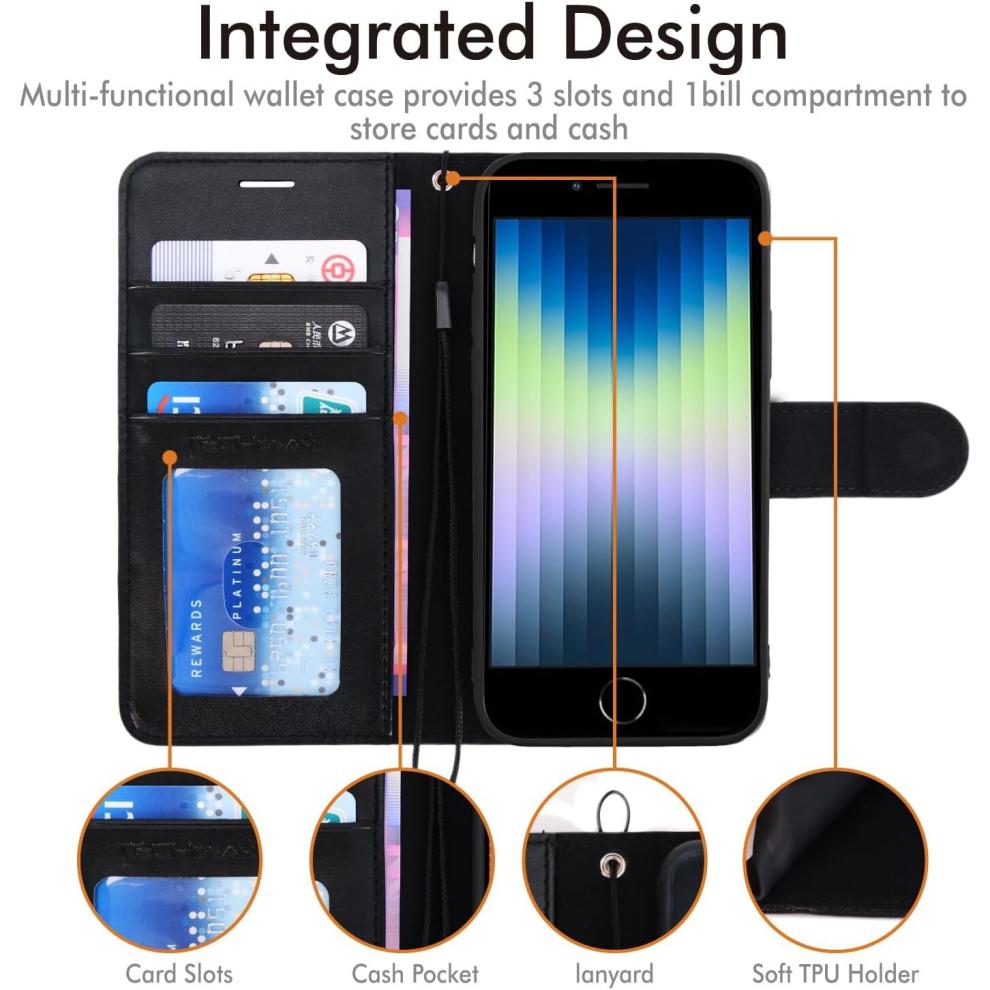 iPhone SE 2022 5G / 2020, iPhone 8/7/6 Leather Wallet Case, Flip Case Cover, Card Holder, Stand, Wrist Strap - PU Leather, Magnetic Closure Case