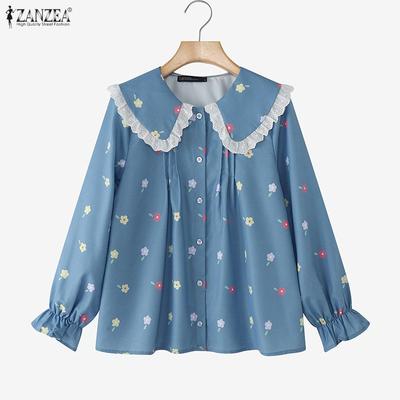 Blusa Floral Feminina Casual Gola Boneca Solta Manga Longa